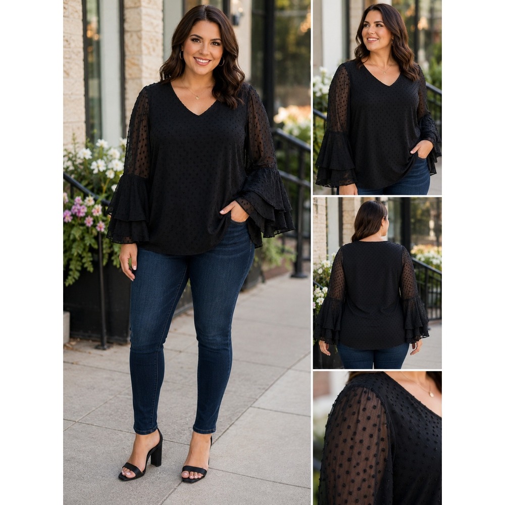 Lane Bryant Black Swiss Dot Tiered Ruffle Bell Sleeve V-Neck Blouse Plus 18/20‎